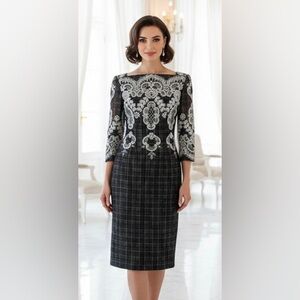 Peggy Jennings ~ Couture Wool Blend Black & White Plaid dress with Embroidery 🤍🖤